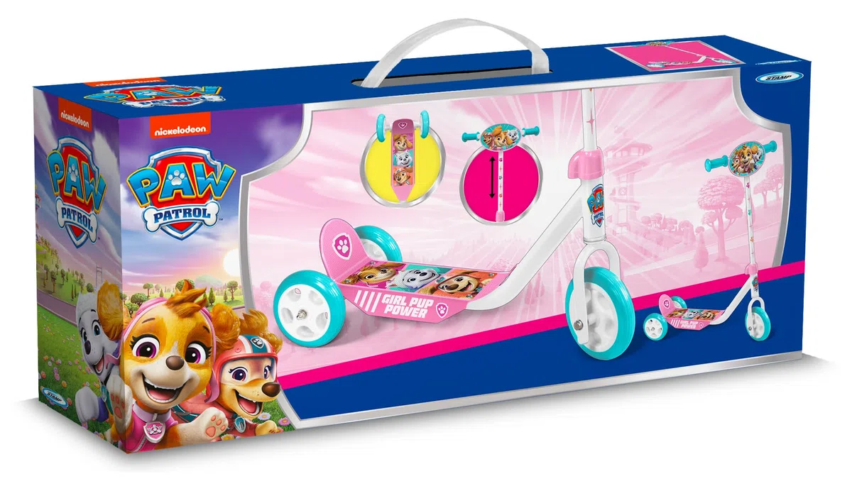 Monopattino a 3 ruote Paw Patrol da ragazza regolabile in altezza. Ampio vassoio antiscivolo. Manici anti-pizzico. Ruote in PVC. Targa decorata, rosa-blu