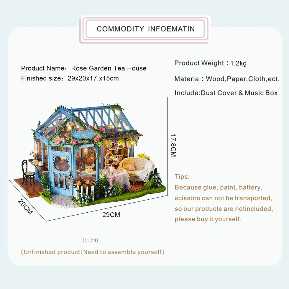 CUTEBEE Miniatura casa delle Bambole con mobili, Fai da Te Kit di Dollhouse di Legno Oltre a Prova di Polvere e Il Movimento della Musica