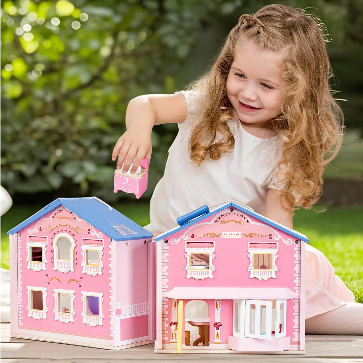 Giant bean - Squisita casa delle bambole in legno rosa per ragazze, con bambole e accessori per mobili, pieghevole e portatile, ideale per bambini dai 3 anni