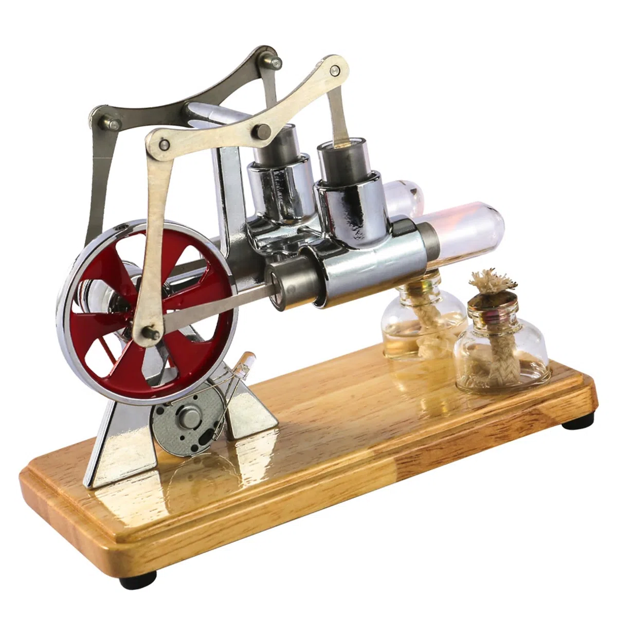 Kit Motore Stirling a Doppio Cilindro, Piastra di Base in Quercia, Lavorazione a Goccia, Esposizioni Educative, Intrattenimento per Bambini