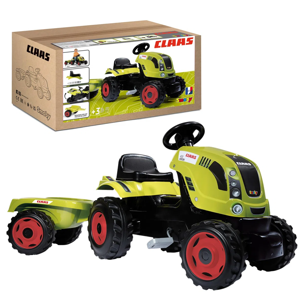 Smoby - Trattore Claas Farmer XL + Rimorchio - Trattore a pedali per bambini - Sedile regolabile - Volante con clacson - Cofano apribile - Dai 3 anni - Prodotto in Francia