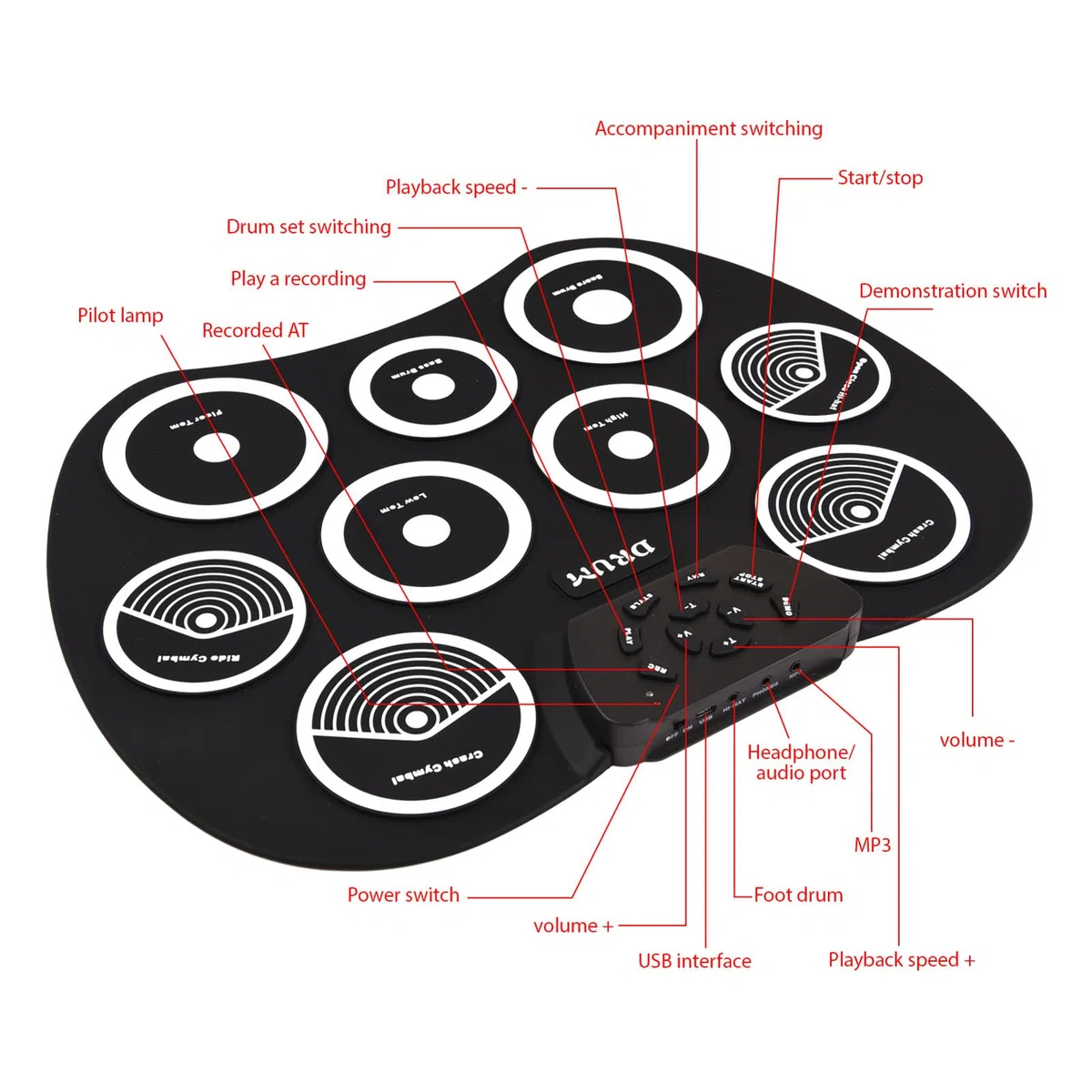 Set di Batteria Elettronica Portatile Kit di Pratica Roll Up da 9 Pad con Uscita MIDI Design Ultraleggero per la Registrazione e il Gioco in Studio Domestico