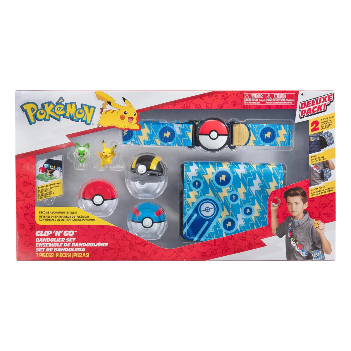 Pokemon Clip N Go Bandolier Promo Set – 5 cm personaggio di combattimento Pikachu & Sprigatito – 3 Poké Balls, cintura, borsa – Set di giocattoli per bambini 4+ – Prodotto ufficiale Pokémon per
