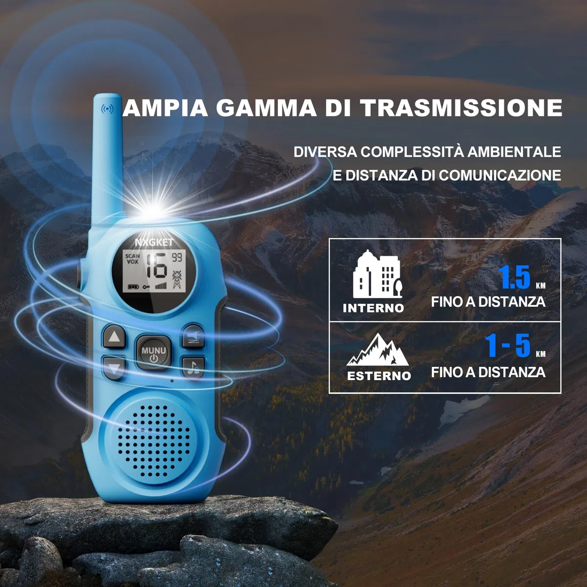 Walkie Talkie Professionali Ricaricabili per Bambini,NXGKET Radioline Woki Toki 16 Canali,Batteria Integrata,Con Torcia per Giochi all'aperto Campeggio Escursionismo