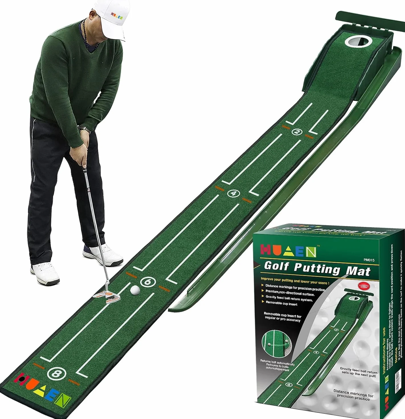 Set da Putting Green Indoor, Tappeto da Putt Lungo con Ritorno Automatico della Palla, Adatto per Regalo Uomo, Ufficio a Casa