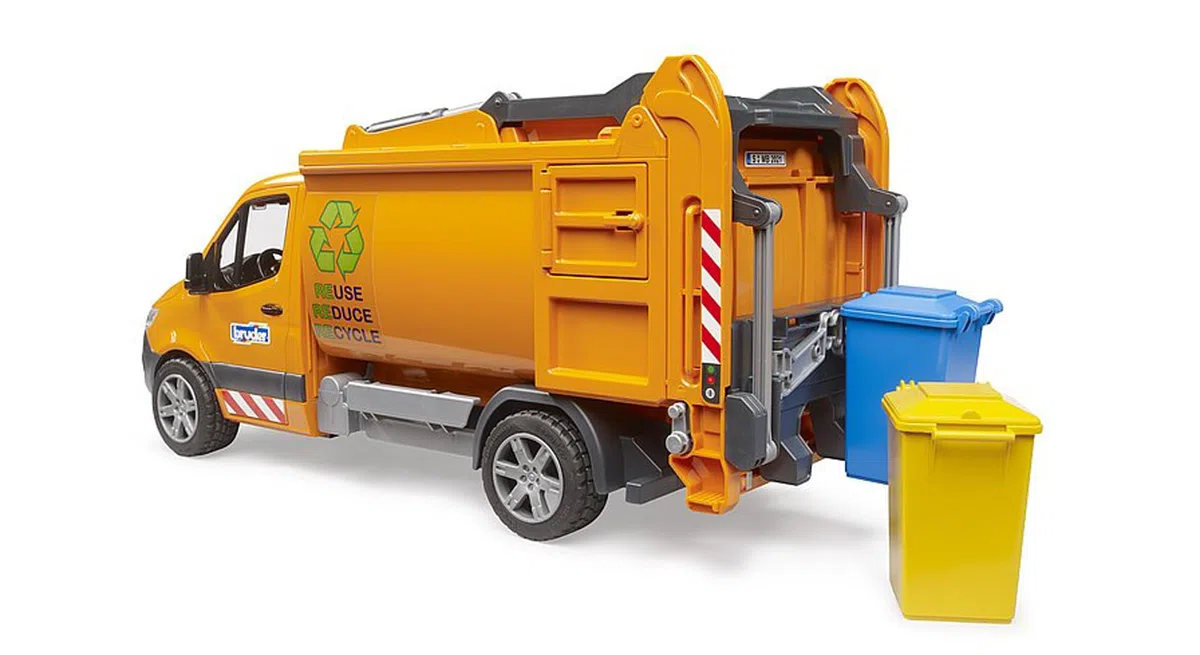 Bruder - MB Sprinter Veicolo di Raccolta dei rifiuti urbani Strada, Colore Arancione, 44,2 x 16,5 x 19,8 cm (02682)