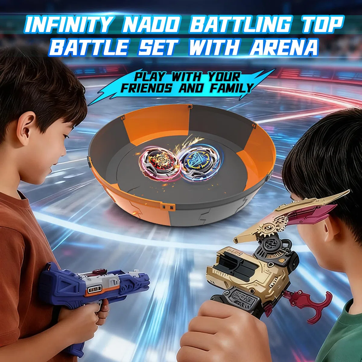 INFINITY NADO S7 Trottola con arena modulare, lanciatore pistola/arco ad accelerazione infinita, trottola in metallo Tipo difesa/resistenza Rotazione destra/sinistra,Giocattolo per bambini bambine 5+