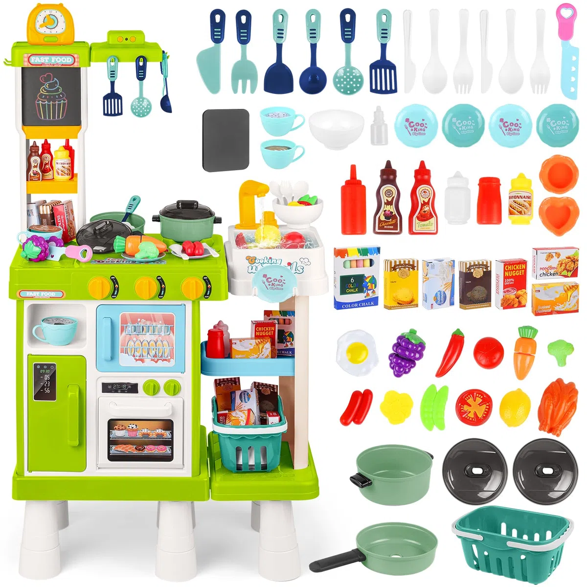 deAO Cucina Giocattolo per Bambini - 54PCS Altezza Regolabile Doppio Lato Gioco di Ruolo da Cucina con Luce Suono Acqua Vapore Frigorifero Lavastoviglie e Accessori | Verde