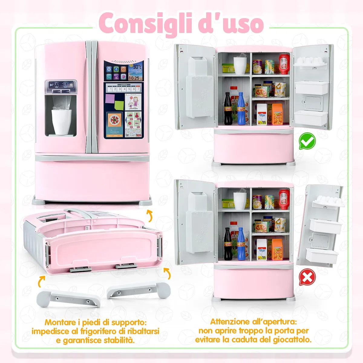 PLAY Set di accessori da cucina per bambini, frigorifero con dispenser di ghiaccio, set di accessori da cucina con frigorifero per bambini, giocattolo alimentare, cubetti di ghiaccio, utensili da