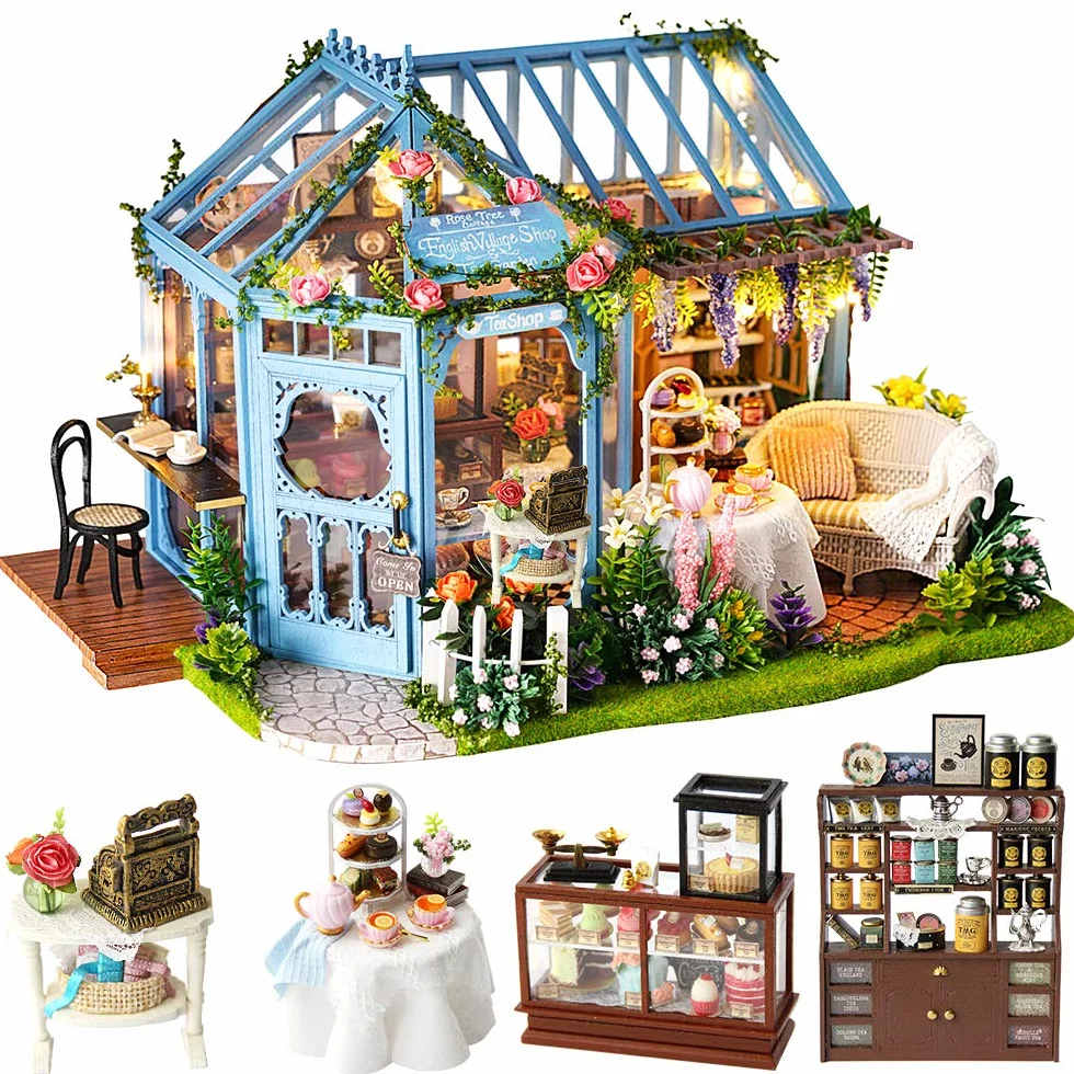 CUTEBEE Miniatura casa delle Bambole con mobili, Fai da Te Kit di Dollhouse di Legno Oltre a Prova di Polvere e Il Movimento della Musica