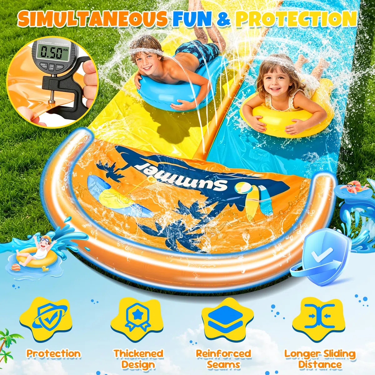 JONRRYIN 950cm Scivolo ad Acqua, 155cm Doppio Scivolo ad Acqua Doppio con irrigatore, 2 Bodyboards Giocattolo Estivo per Giardino e Spiaggia