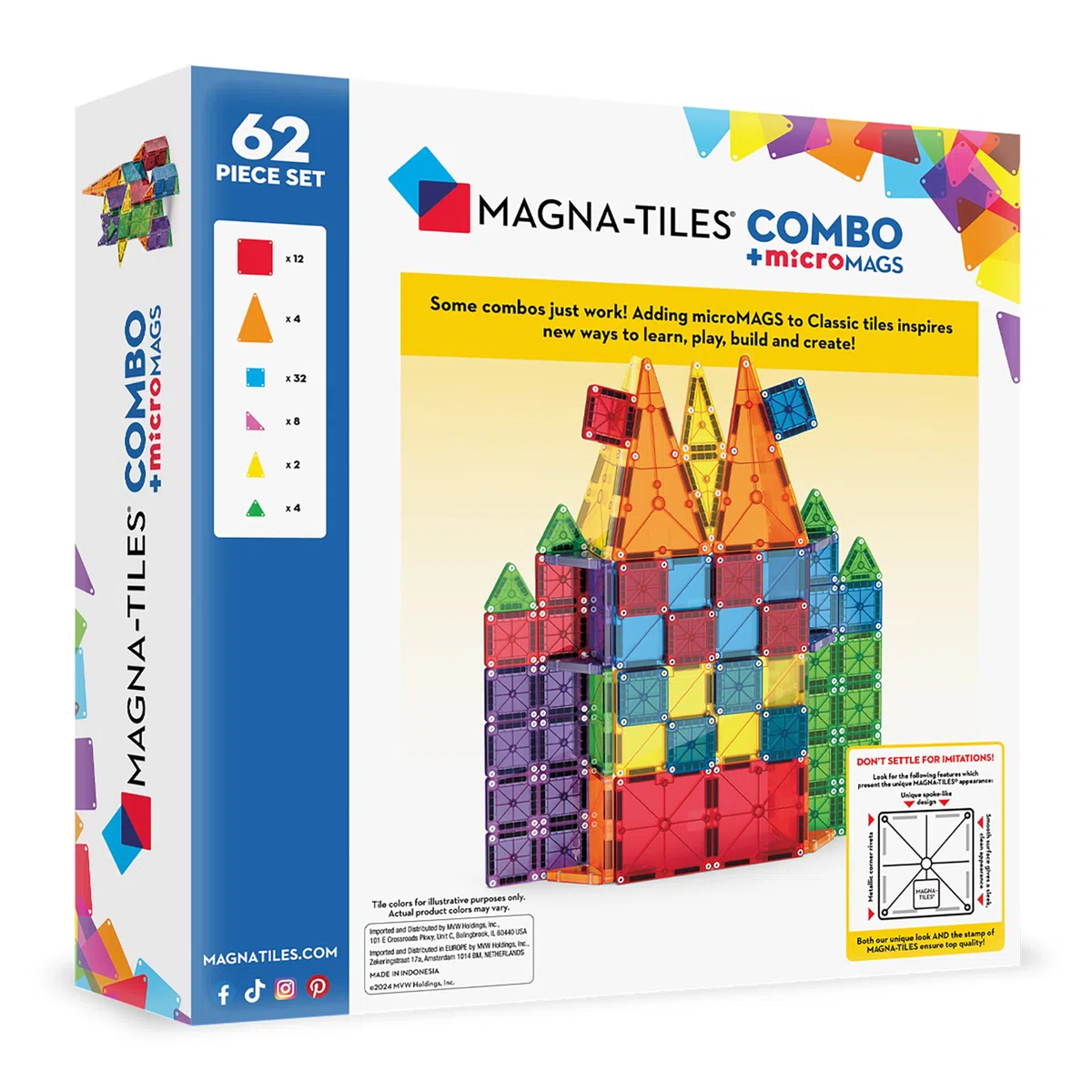MAGNA-TILES Combo - Set di costruzione magnetica, 62 pezzi, il marchio originale di costruzione magnetica