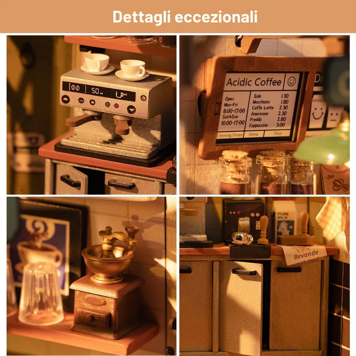 ROWOOD Miniatura Casa Delle Bambola Caffè, Fai Da Te Mini Casa in Legno Con Luci LED Per Adulti Da Costruire, Creativi Regalo Di Vacanza