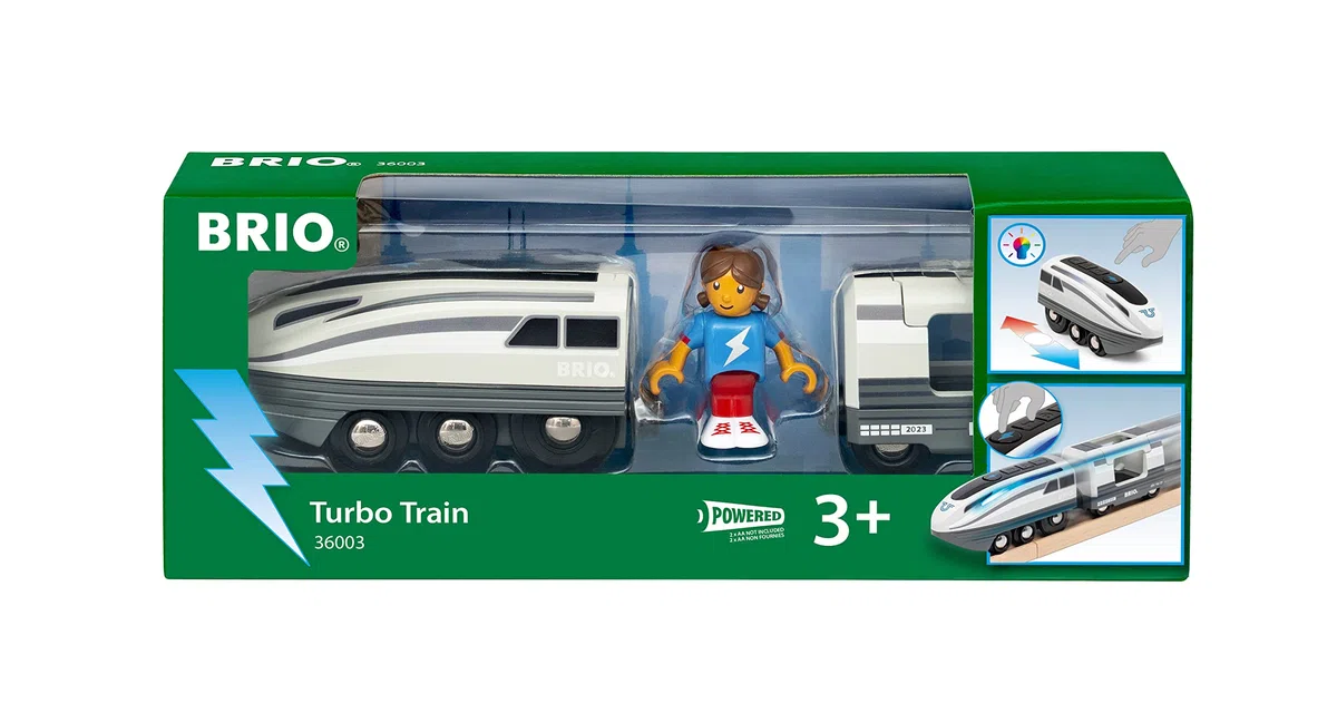 BRIO 36003 - Turbo Train - Trenino a batteria per bambini dai 3 anni in su, blu/bianco
