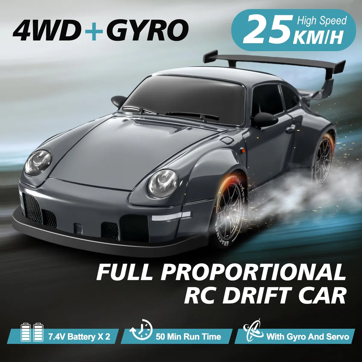ACAMMZAR Macchina Telecomandata RC Drift con Giroscopio, 1:24 25KM/H 4WD Proporzionale Completo Macchine Telecomandate, Radiocomandata Auto RC Car con Gyro per Adulta Bambini,Grigio