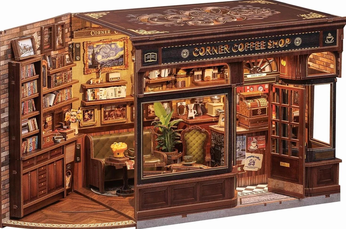 CUTEBEE Book Nook Kit: Casetta Miniatura DIY in Legno Luce LED, Puzzle 3D Caffetteria | Regalo Amanti Libri (Corner Coffee Shop)