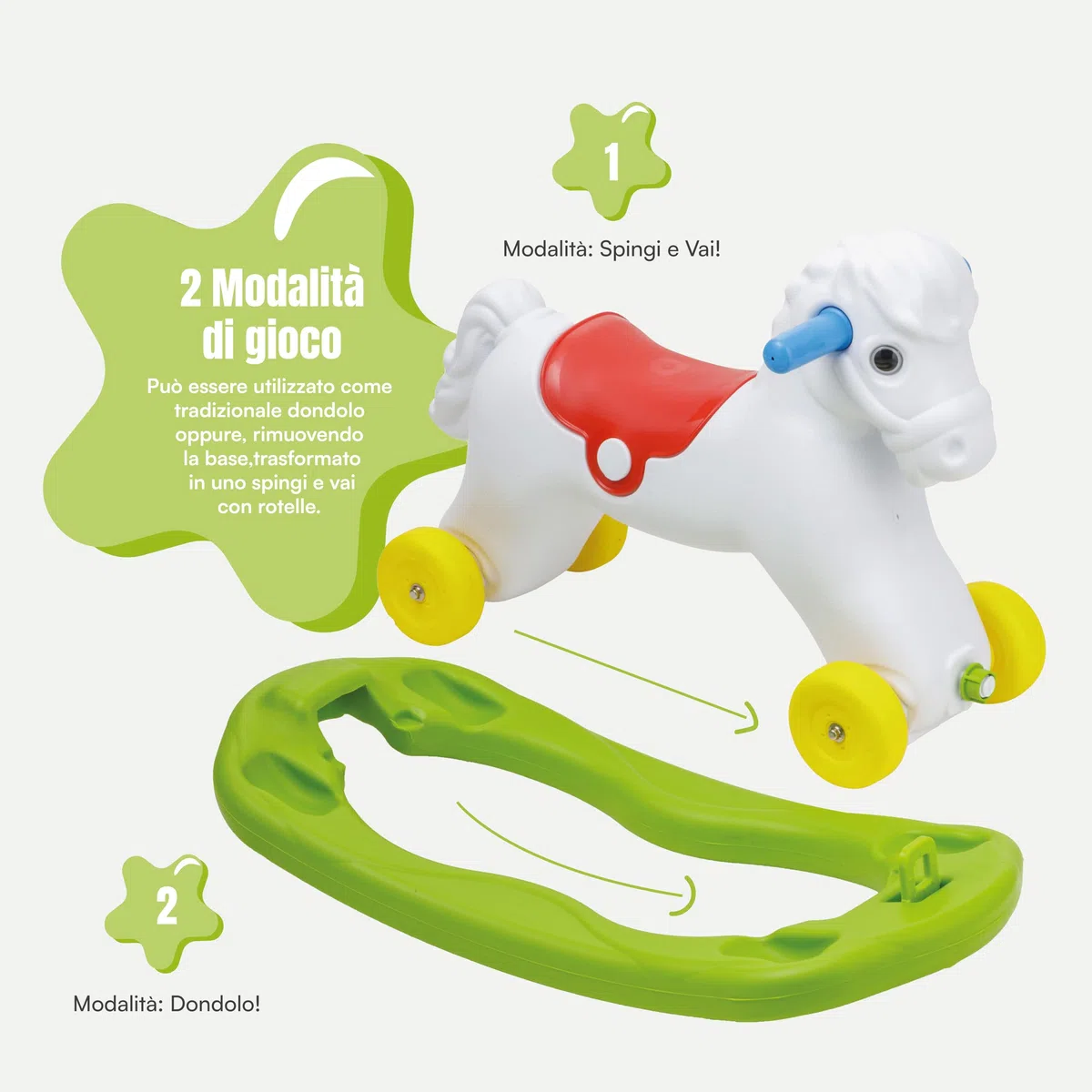 Baroni Toys Cavallo a Dondolo Cavalcabile 2 in 1, Cavallino a Ruote Spingi e Vai, 2-5 Anni (Cavallo Bianco)