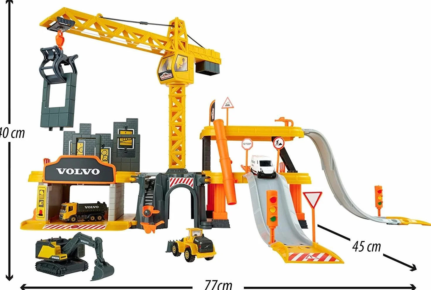 Majorette - Volvo Construction Creatix Playset su 3 Livelli, con 5 Veicoli in Die Cast Scala 1:64, 77 cm, + 3 Anni, 212050032