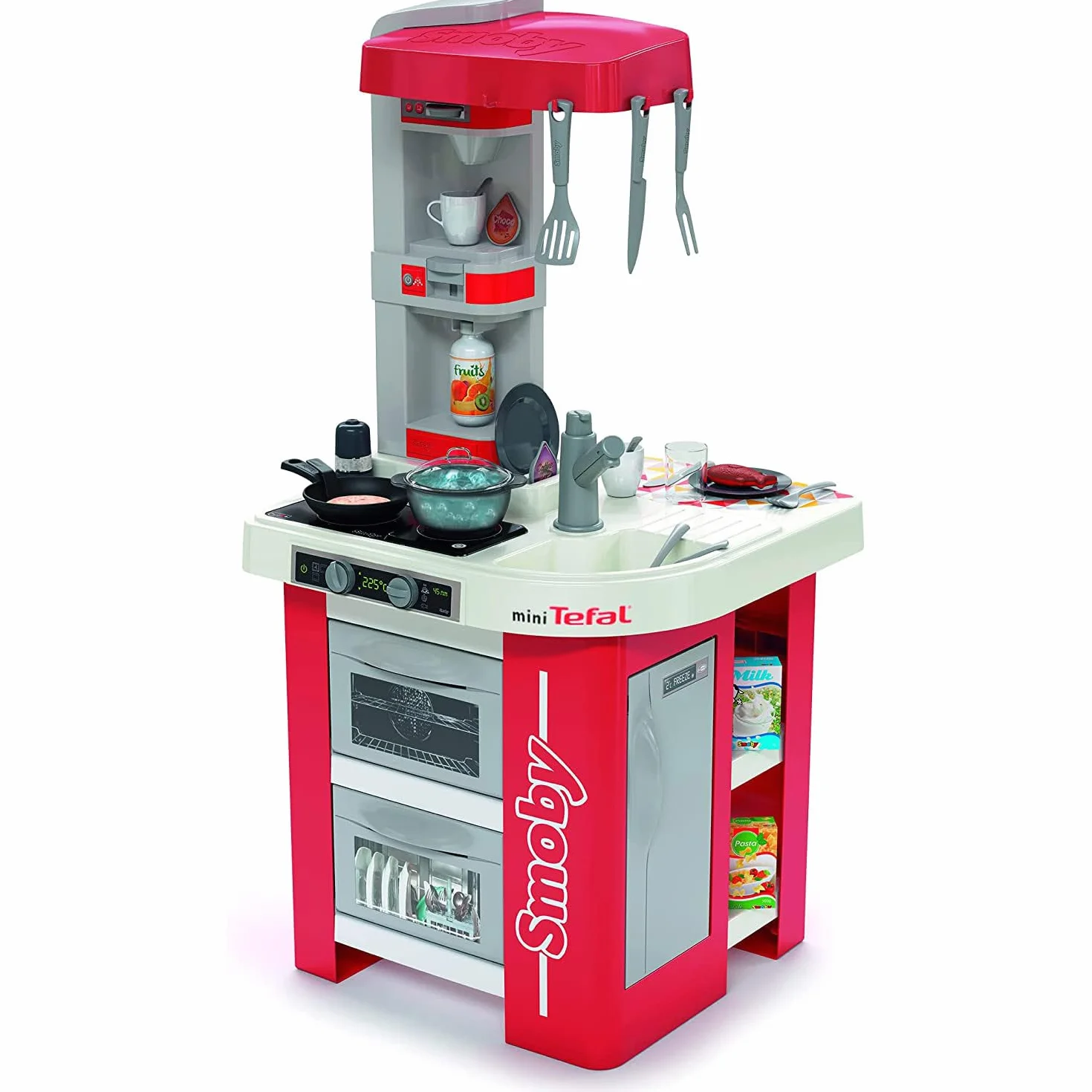 Smoby- Cucina Studio Bubble Red,7600311055, +3 anni, 26 accessori, effetto acqua che bolle, colore rosso, made in France