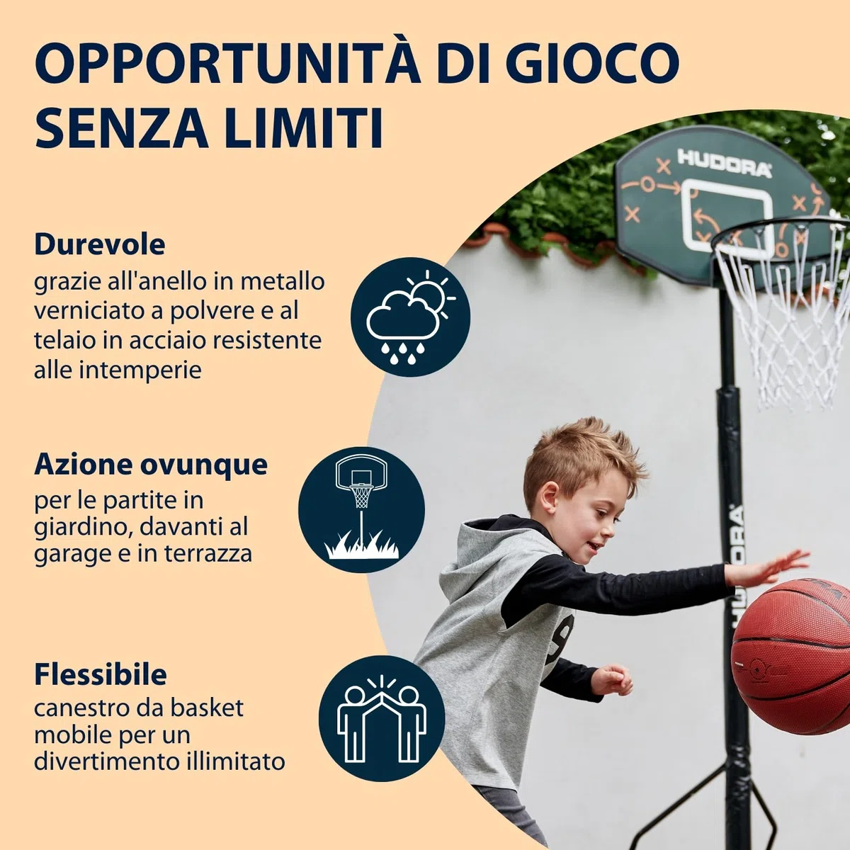 HUDORA Canestro da Basket Playoff 205 - Canestro da Basket con Supporto Regolabile per Bambini e Ragazzi - Canestro Mobile da Esterno per Giardino - Canestro da Basket con Supporto e Ruote