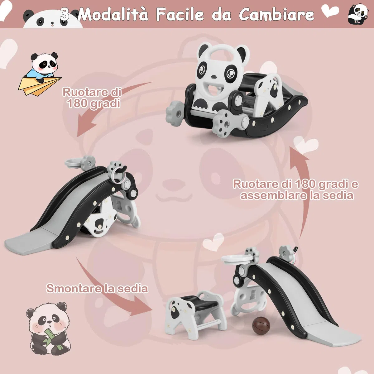 COSTWAY 5 in 1 Set Cavallo a Dondolo e Scivolo per Bambini, Set di Giocattoli con Canestro da Basket e Gioco degli Anelli, Età 1-5 Anni, Carico 50kg, per Interno ed Esterno (Panda)