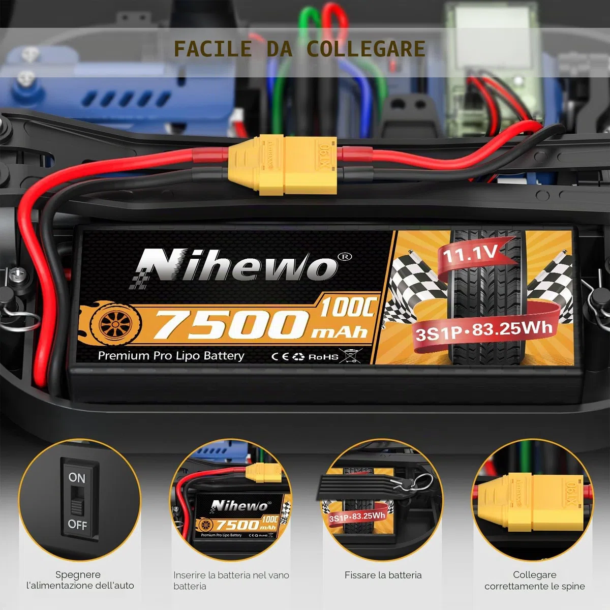 Batteria Lipo 3S, 2 Pezzi Batteria RC 11,1 V 7500 mAh 100C Custodia Rigida Lipo 3S Connettore XT90 Compatibile con 1/8 1/10 RC Auto Camion Truggy Veicoli Serbatoio Barca Aereo Modelli