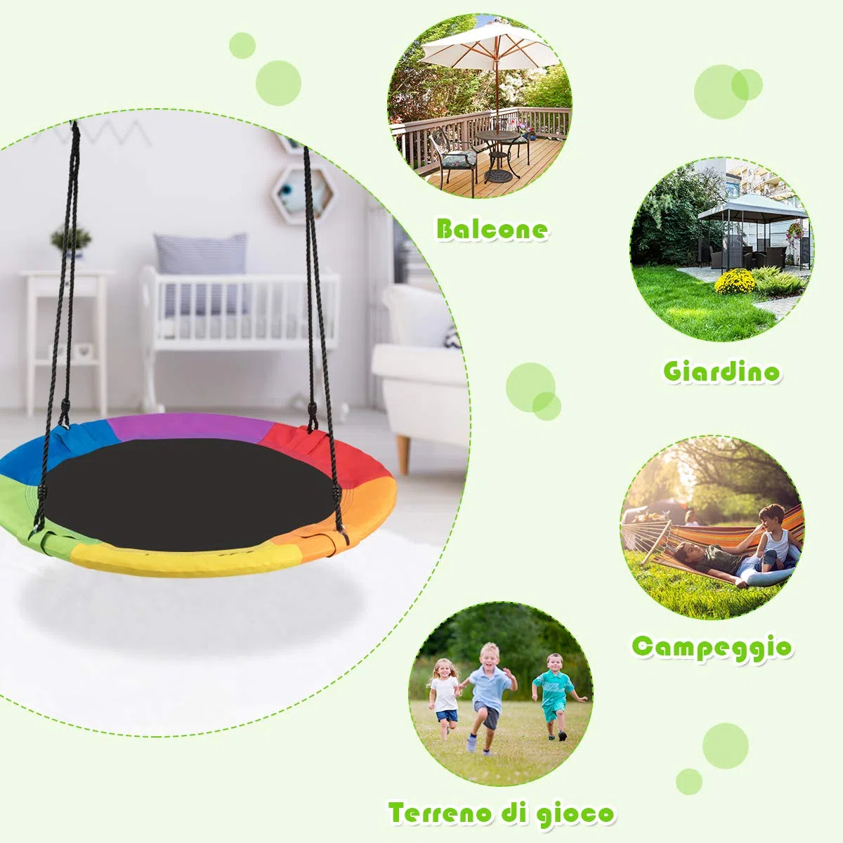 Altalena da Giardino Rotonda a Nido per Interni/Esterni Portata Max. 150 kg Diametro 100 cm Multicolore