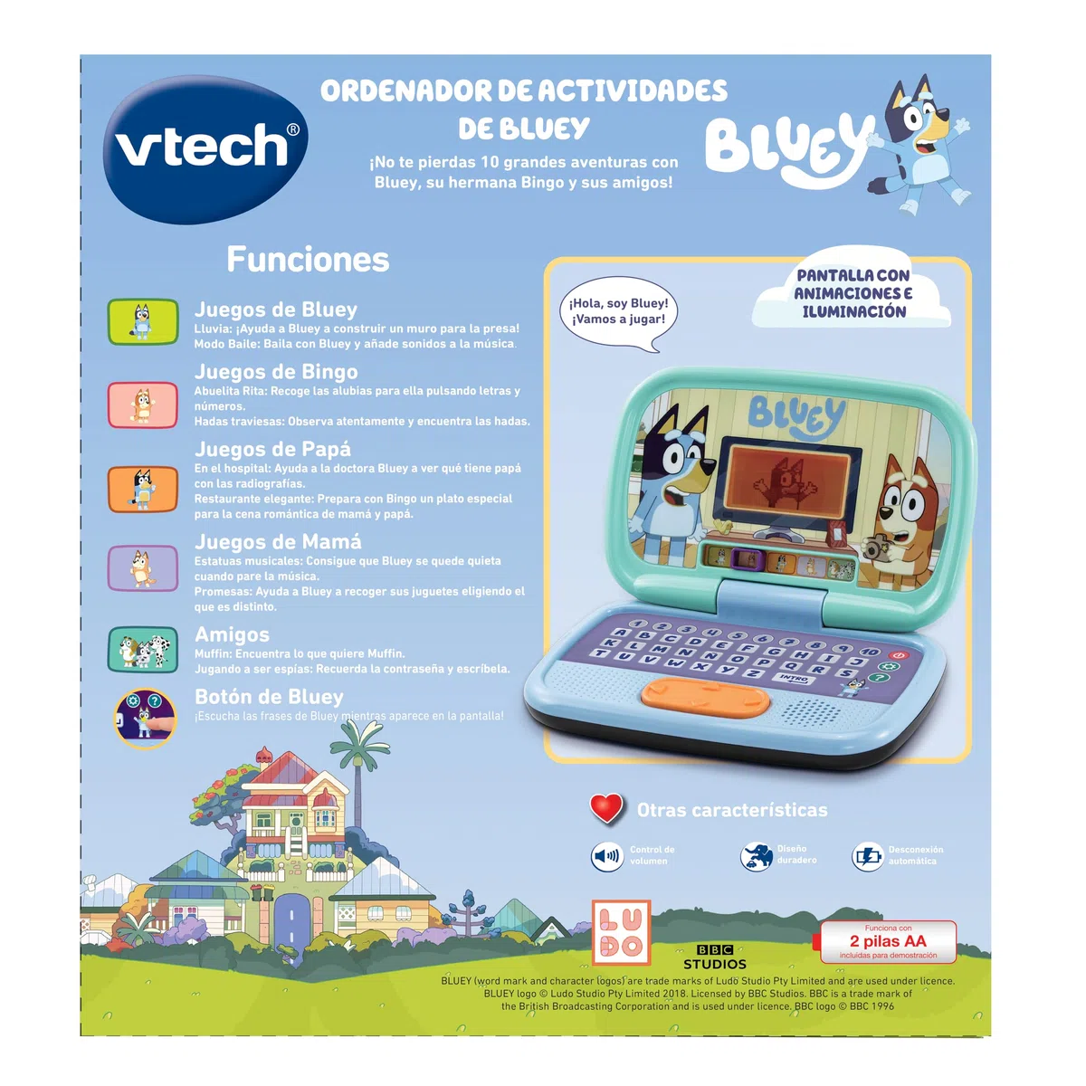 VTech - Computer attività Bluey, Computer per bambini con schermo retroilluminato, 10 attività e giochi educativi, regalo per bambini da 3 a 7 anni, contenuto spagnolo