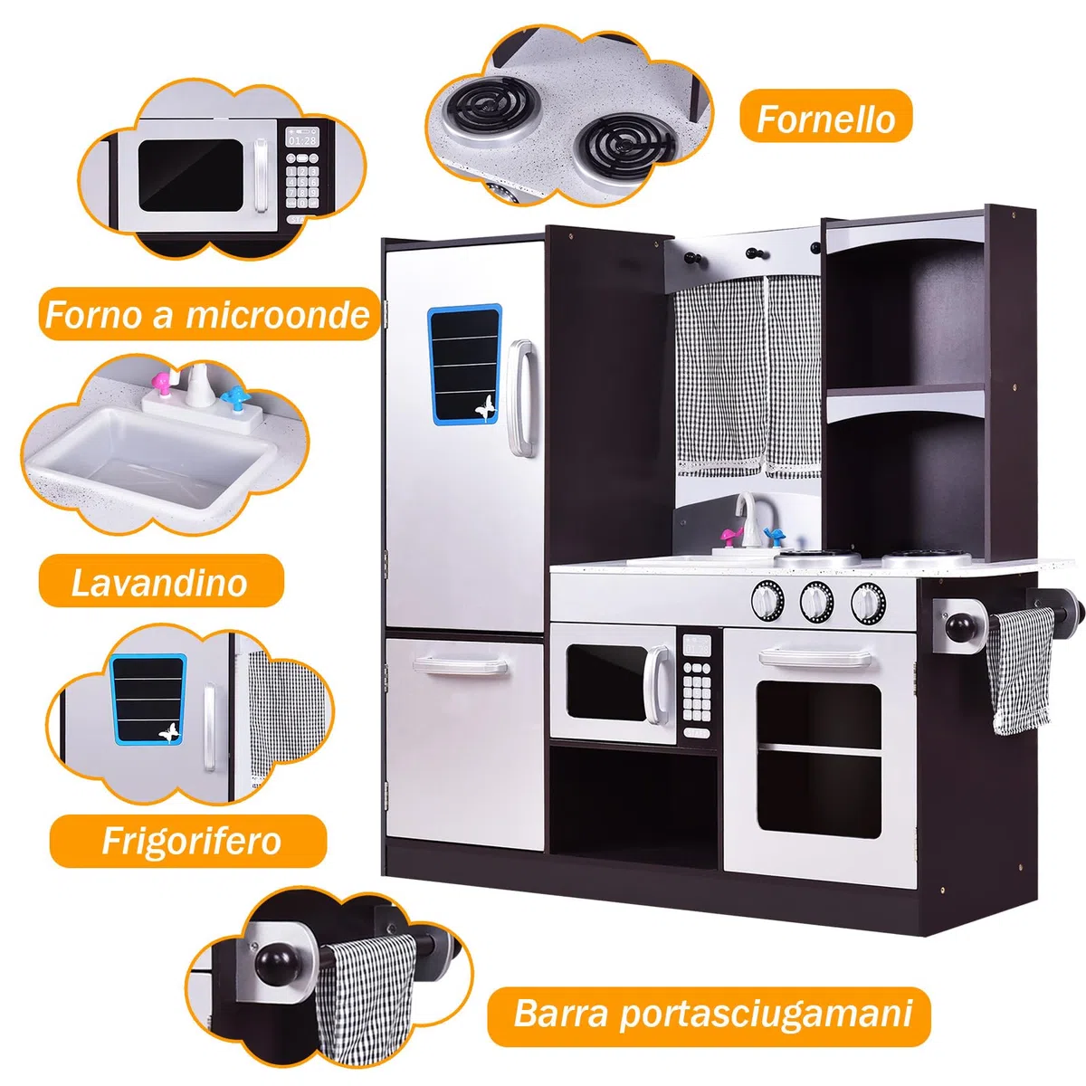 RELAX4LIFE Cucina Giocattolo in Legno per Bambini, Mini Cucina con Forno, Microonde e Frigorifero, Accessori Realistici, Natale/Compleanno/Feste