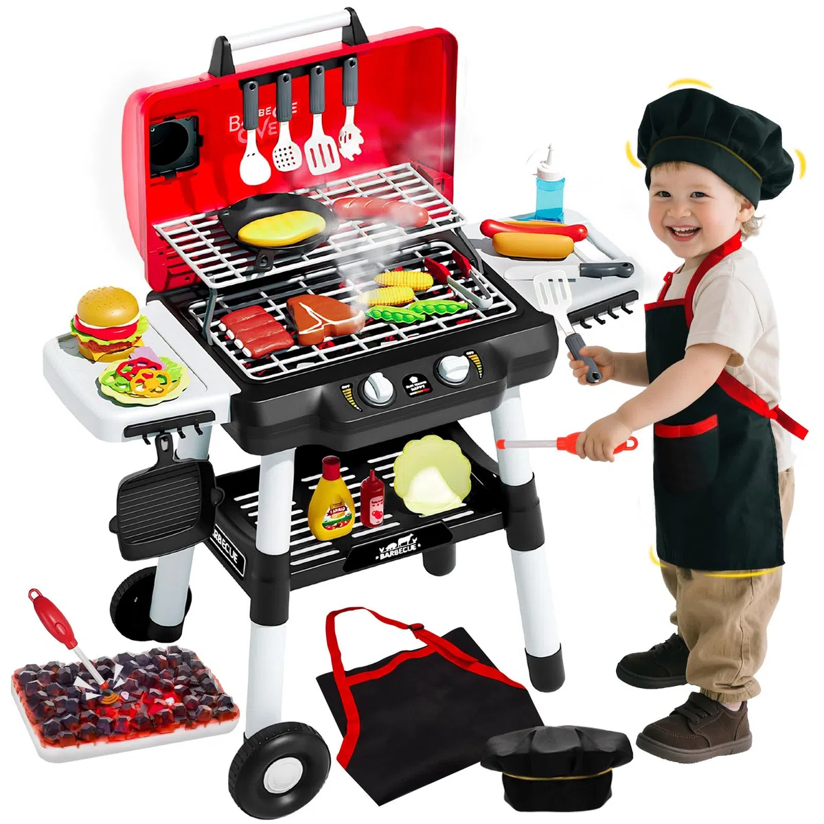 Grill da cucina per bambini con luci, suoni e fumo simulato completo di grembiule e cappello da chef compleanni giocattoli interattivi per piccoli chef