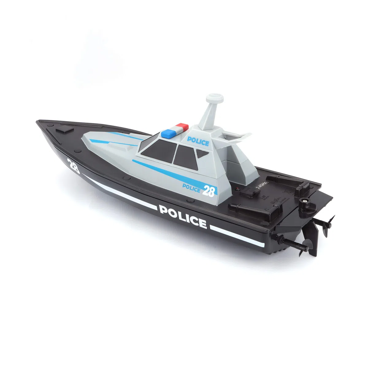 Bauer Spielwaren M82196 Tech R/C - Barca giocattolo radiocomandata dalla polizia, portata di 35 metri, batteria con funzione di ricarica USB, 34 cm, nero -582196