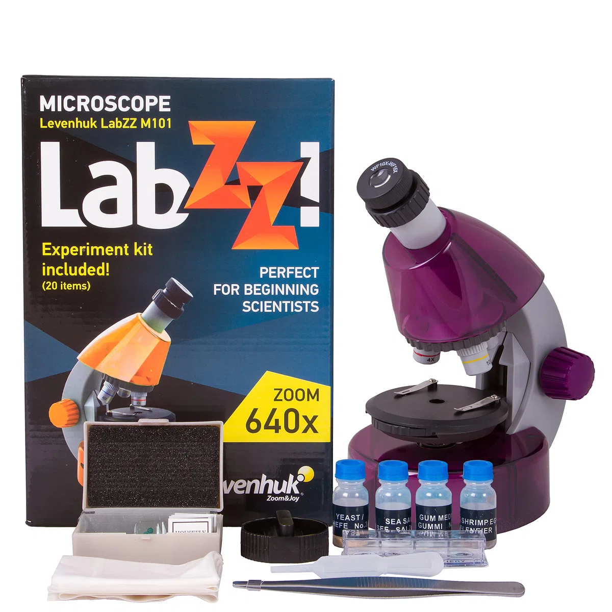 Levenhuk LabZZ M101 Amethyst STEM Microscopio per Bambini con Zoom 640x, Luce a LED, Kit Scientifico, Portatile di Vetrini Preparati, Giocattolo Regalo Educativi, Libro con Esperimenti, 4+ Anni (EN)