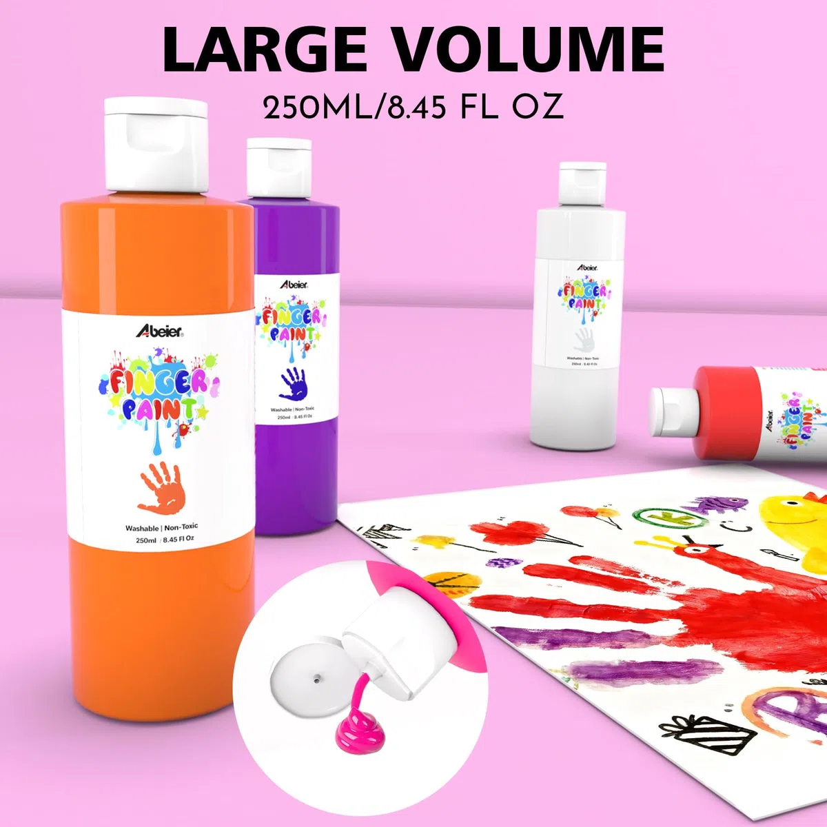 ABEIER Colori per dita per bambini, atossici, 250 ml x 12, resistenti al lavaggio, lavabili, colori per dita per bambini, accessori per la pittura sicuri per l'asilo, la scuola, l'apprendimento