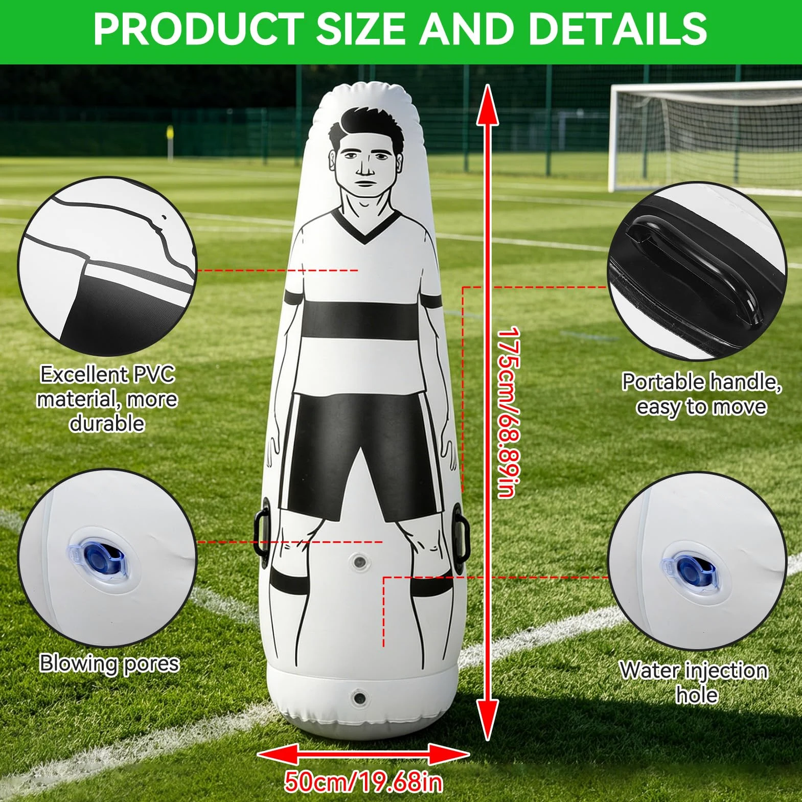 Difensore di Calci per Allenamento di Calcio, 175x50cm Parete Gonfiabile per Allenamento di Calcio Manichino Portatile per Affrontare Manichini da Allenamento per Bambini Adulti