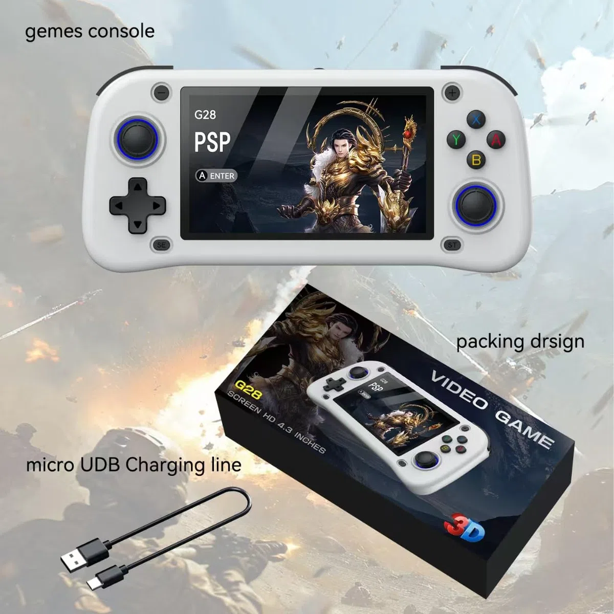 Nuova console da gioco portatile, 128 GB di memoria interna con 20.000 giochi, sistema Linux, console portatile per videogiochi, schermo IPS da 4,3 pollici, oltre 30 emulatori e sistema Linux (bianco