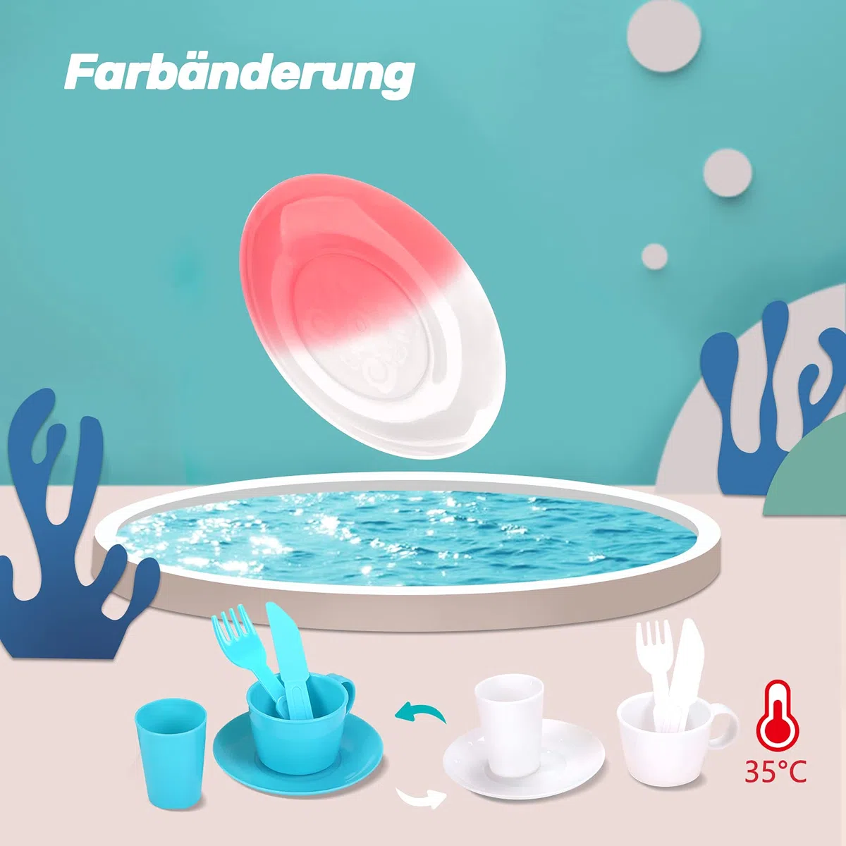 cute stone- Giocattolo - Set lavello da cucina con rubinetto dell'acqua calda che cambia colore, detersivo per i piatti, riciclo dell'acqua - per bambini dai 3 anni in su - Blu