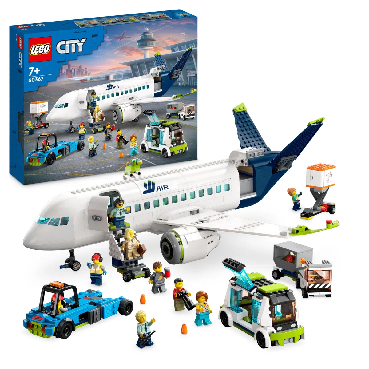 LEGO 60367 City Aereo Passeggeri, Grande Modellino di Aeroplano Giocattolo da Costruire con 9 Minifigure e Veicoli dell'Aeroporto: Autobus, Trattore Aeroportuale, Camion del Catering e Furgone Bagagli