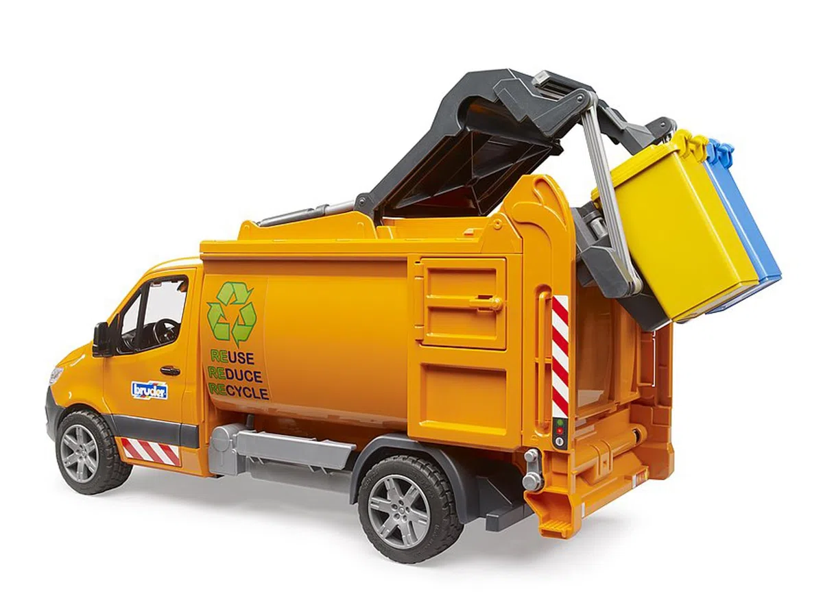 Bruder - MB Sprinter Veicolo di Raccolta dei rifiuti urbani Strada, Colore Arancione, 44,2 x 16,5 x 19,8 cm (02682)