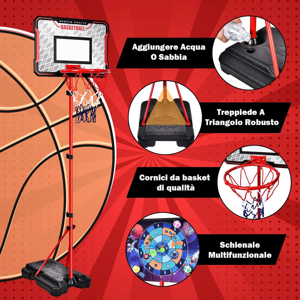 Herenear Canestro da Basket per Bambini, Altezza Regolabile 107-193 cm, 2 in 1 Basket e Freccette, Interno ed Esterno, Portatile con Base Zavorrabile, per Bambini dai 3 agli 8 Anni