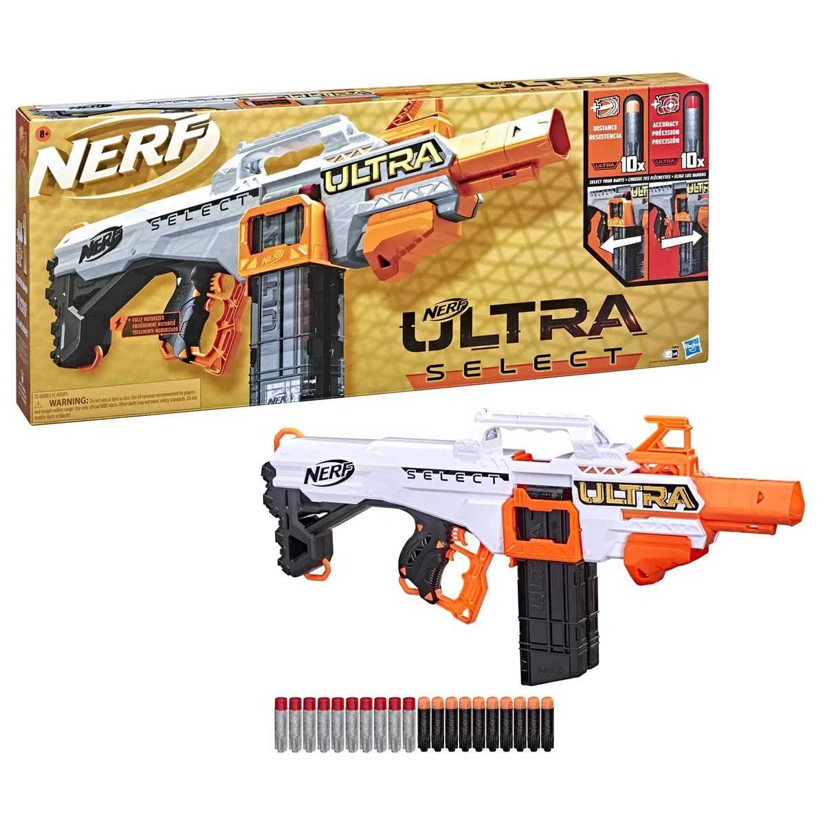 NERF Ultra Select Fully Motorized Blaster, Fire for Distance or Accuracy, Includes Clips and Darts, Compatible Only Ultra Darts