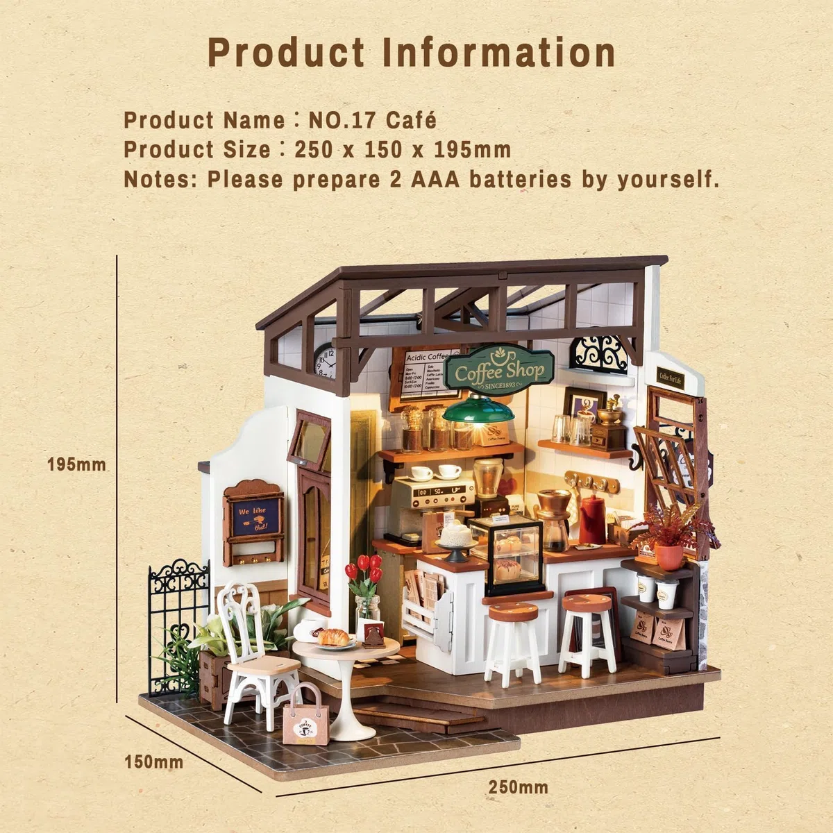 ROWOOD Miniatura Casa Delle Bambola Caffè, Fai Da Te Mini Casa in Legno Con Luci LED Per Adulti Da Costruire, Creativi Regalo Di Vacanza