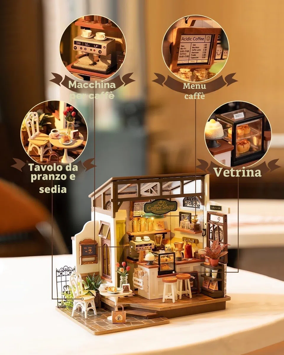 ROWOOD Miniatura Casa Delle Bambola Caffè, Fai Da Te Mini Casa in Legno Con Luci LED Per Adulti Da Costruire, Creativi Regalo Di Vacanza