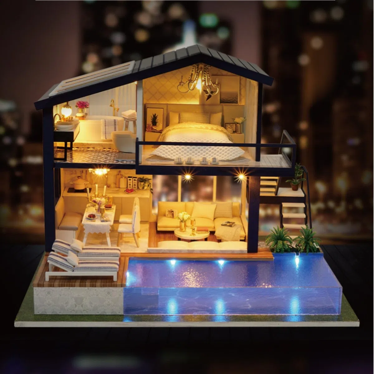 Cuteroom Casa delle bambole in legno fai da te Handcraft Kit in miniatura Modello & Mobile-Time Appartamento con piscina