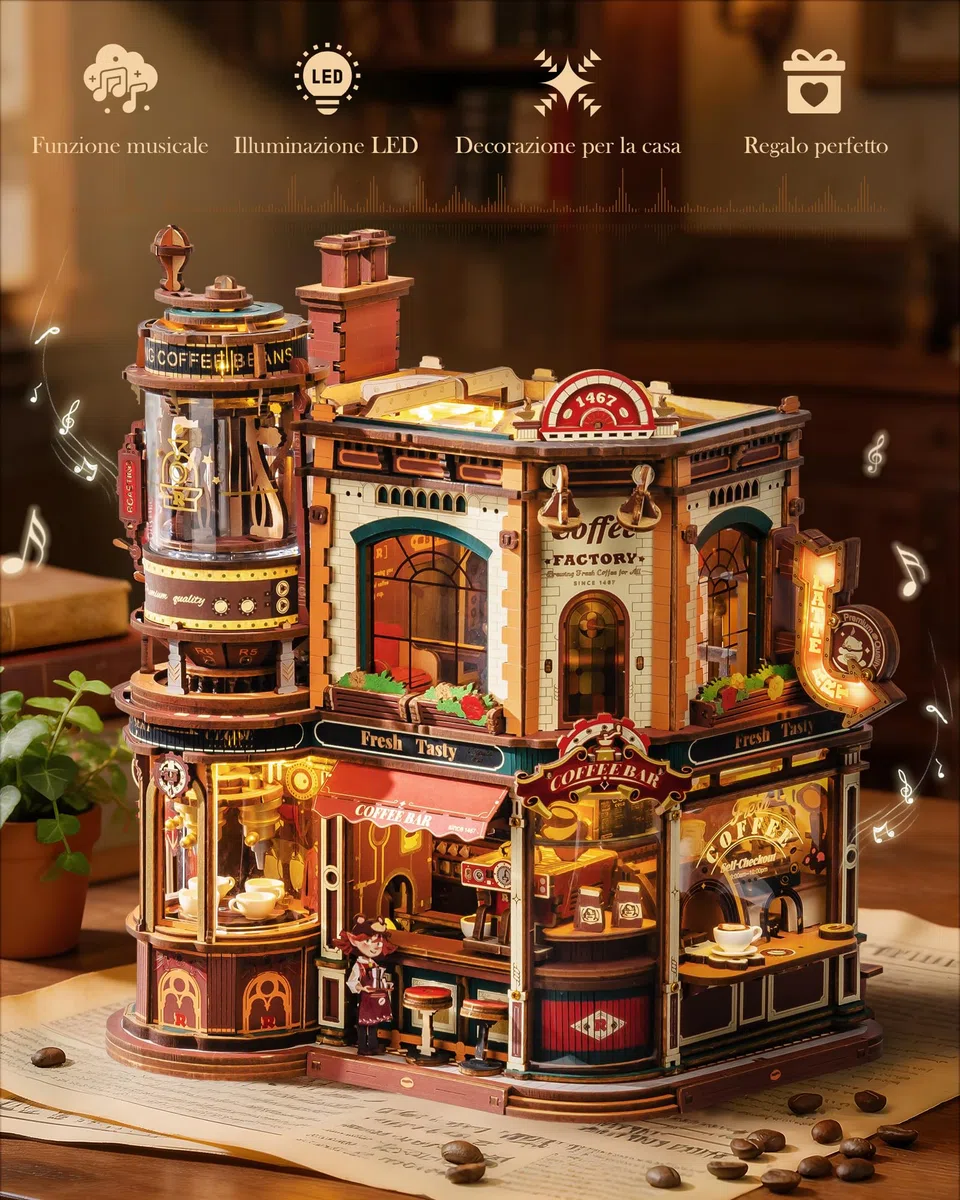 ROBOTIME Puzzle 3D in legno per adulti da costruire – Dream Coffe Factory, kit di costruzione in miniatura con musica, luci e scene animate, casa in miniatura/Book Nook Café EAB02