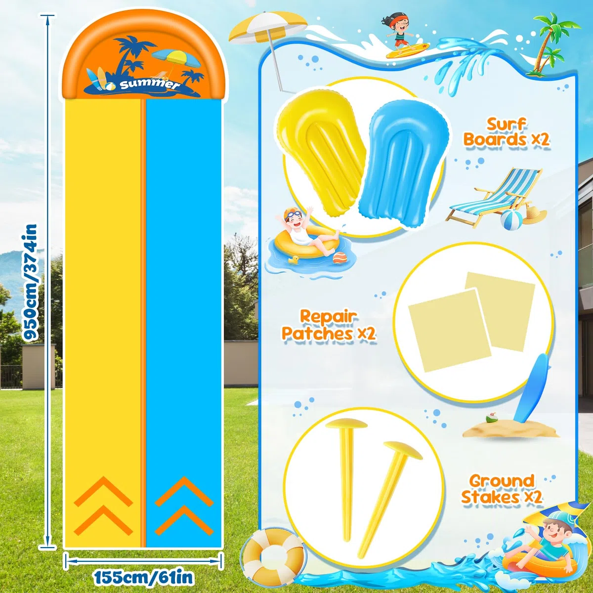 JONRRYIN 950cm Scivolo ad Acqua, 155cm Doppio Scivolo ad Acqua Doppio con irrigatore, 2 Bodyboards Giocattolo Estivo per Giardino e Spiaggia