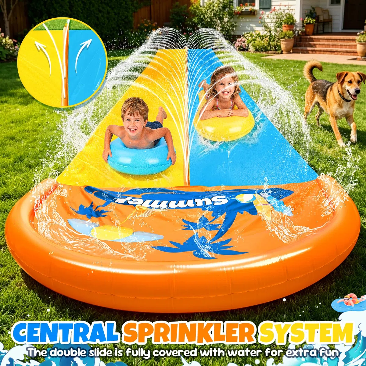JONRRYIN 950cm Scivolo ad Acqua, 155cm Doppio Scivolo ad Acqua Doppio con irrigatore, 2 Bodyboards Giocattolo Estivo per Giardino e Spiaggia