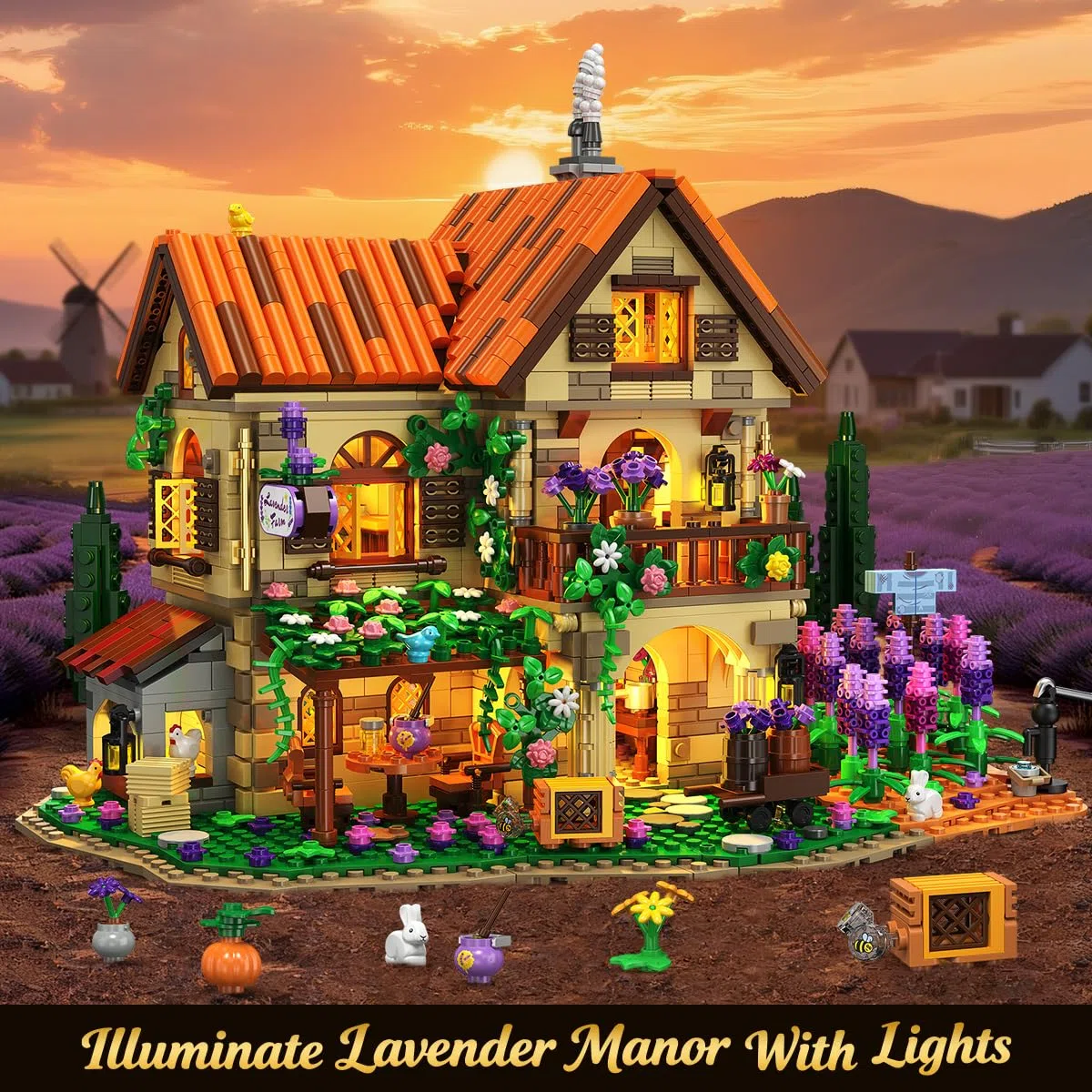 INSOON - Set di costruzioni in miniatura della casa di Lavender Manor con luci, 1960 pezzi, modello di costruzione della tenuta di lavanda, decorazione per la casa, romantico mazzo di fiori di lavanda