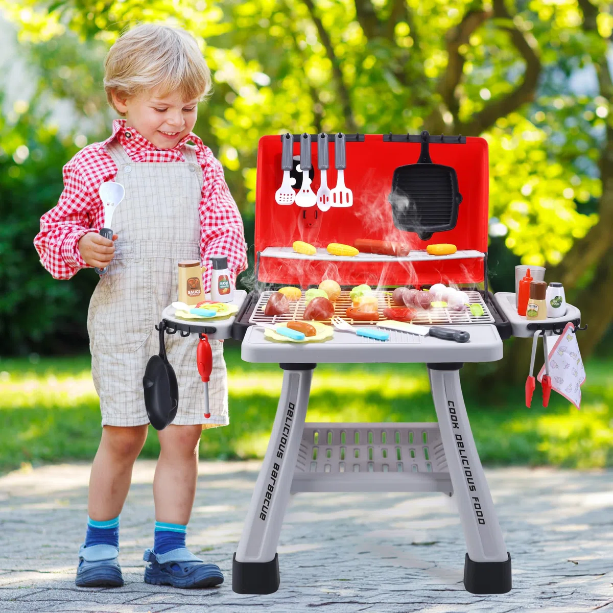 CUTE STONE barbecue giocattolo in pietra per bambini, set da cucina, set da gioco realistico per barbecue con fumo e accessori da cucina
